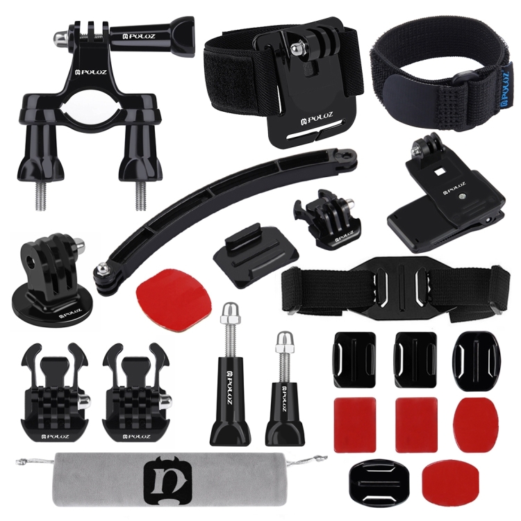 PULUZ 24 in 1 Bike Mount Accessories Combo Kits (Wrist Strap + Helmet Strap + Extension Arm + Quick Release Buckles + Surface Mounts + Adhesive Stickers + Tripod Adapter + Storage Bag + Handlebar Mount + Screws) for GoPro HERO10 Black / HERO9 Black / HERO8 Black / HERO7 /6 /5 /5 Session /4 Session /4 /3+ /3 /2 /1, DJI Osmo Action and Other Action Cameras - 1