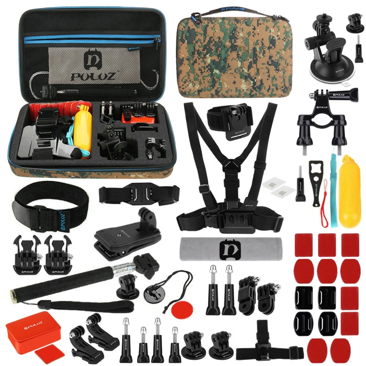 [UK Warehouse] PULUZ 53 in 1 Accessories Total Ultimate Combo Kits with Camouflage EVA Case (Chest Strap + Suction Cup Mount + 3-Way Pivot Arms + J-Hook Buckle + Wrist Strap + Helmet Strap + Extendable Monopod + Surface Mounts + Tripod Adapters + Storage Bag + Handlebar Mount) for GoPro HERO10 Black / GoPro HERO9 Black / HERO8 Black / HERO7 /6 /5 /5 Session /4 Session /4 /3+ /3 /2 /1, DJI Osmo Action and Other Action Cameras - 1