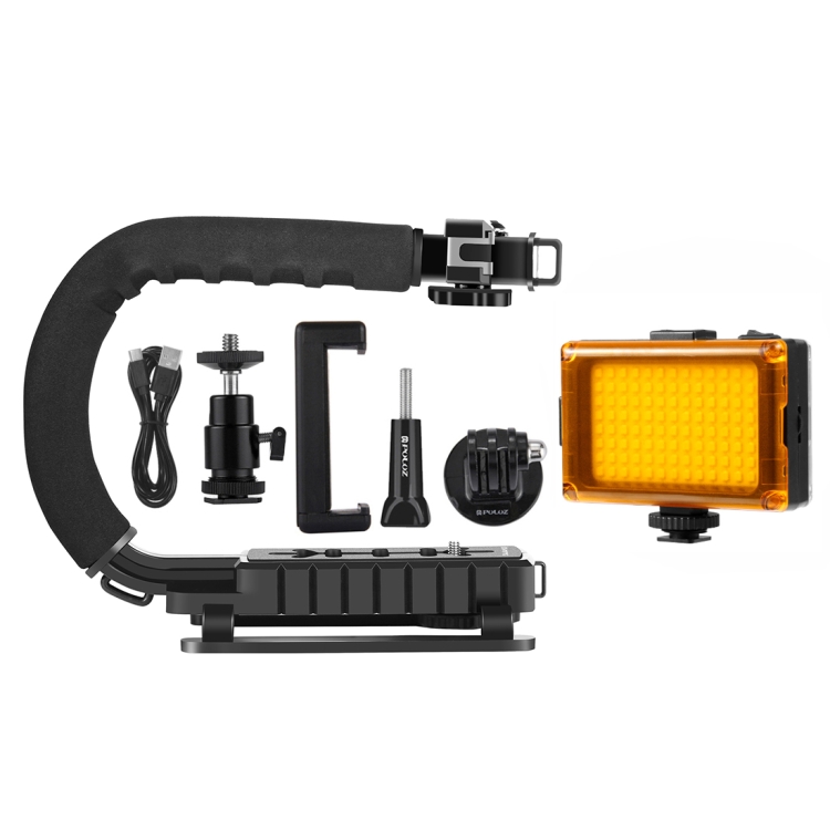 PULUZ U/C Shape Portable Handheld DV Bracket Stabilizer + LED Studio Light Kit with Cold Shoe Tripod Head  for All SLR Cameras and Home DV Camera - 9