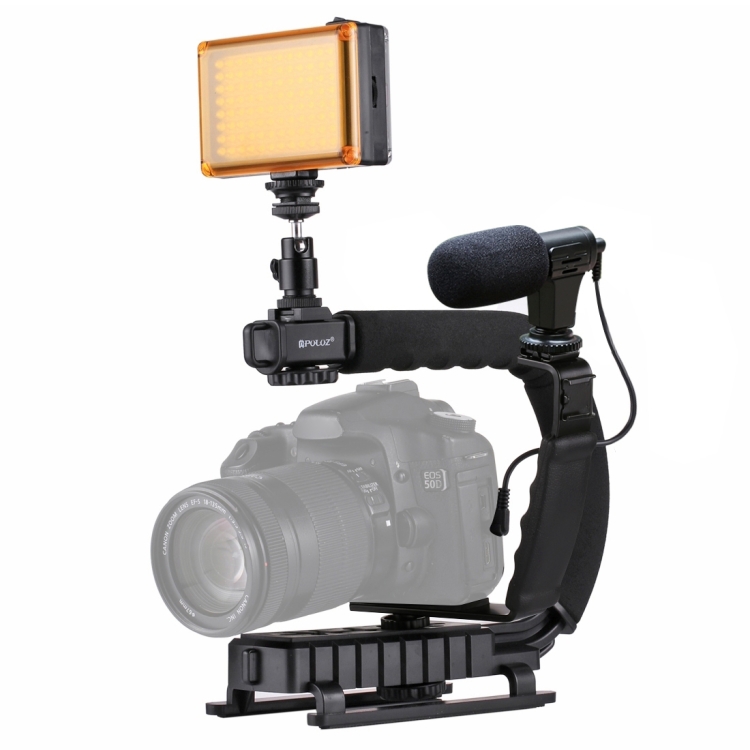 [UAE Warehouse] PULUZ U/C Shape Portable Handheld DV Bracket Stabilizer + LED Studio Light + Video Shotgun Microphone Kit with Cold Shoe Tripod Head  for All SLR Cameras and Home DV Camera - 1