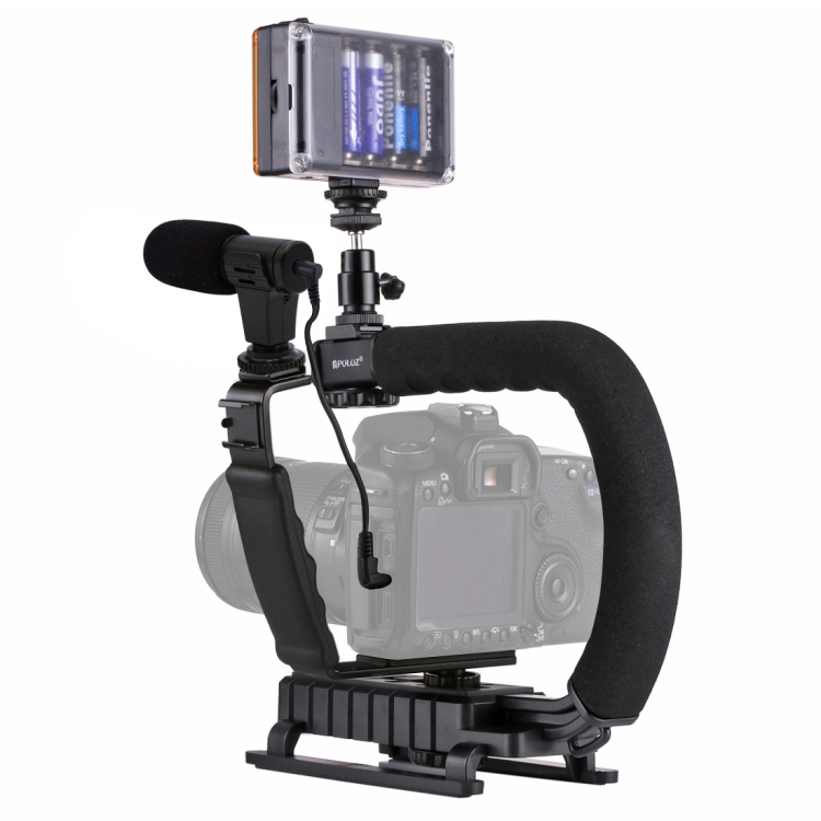 [UAE Warehouse] PULUZ U/C Shape Portable Handheld DV Bracket Stabilizer + LED Studio Light + Video Shotgun Microphone Kit with Cold Shoe Tripod Head  for All SLR Cameras and Home DV Camera - 2