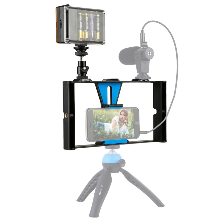 [US Warehouse] PULUZ 2 in 1 Vlogging Live Broadcast LED Selfie Light Smartphone Video Rig Kits with Cold Shoe Tripod Head for iPhone, Galaxy, Huawei, Xiaomi, HTC, LG, Google, and Other Smartphones(Blue) - 1