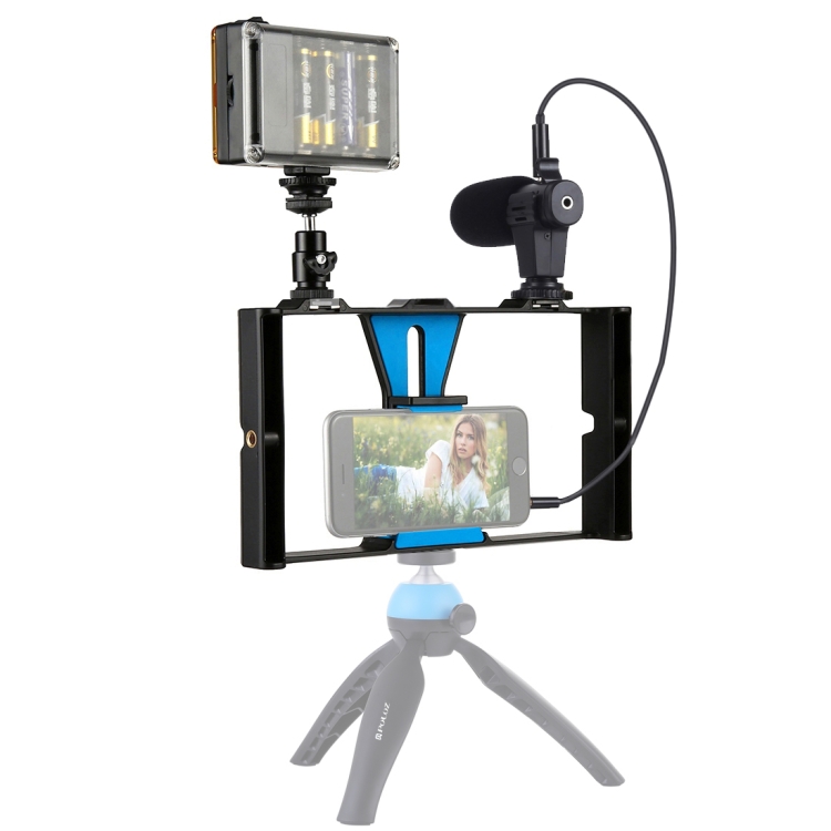 [US Warehouse] PULUZ 3 in 1 Vlogging Live Broadcast LED Selfie Light Smartphone Video Rig Kits with Microphone + Cold Shoe Tripod Head for iPhone, Galaxy, Huawei, Xiaomi, HTC, LG, Google, and Other Smartphones(Blue) - 1