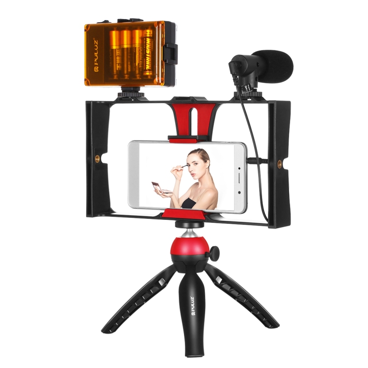 PULUZ 4 in 1 Vlogging Live Broadcast LED Selfie Light Smartphone Video Rig Kits with Microphone + Tripod Mount + Cold Shoe Tripod Head for iPhone, Galaxy, Huawei, Xiaomi, HTC, LG, Google, and Other Smartphones(Red) - 1