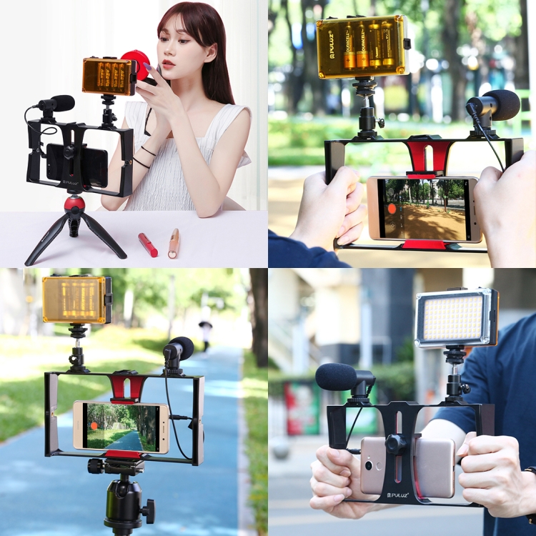 PULUZ 4 in 1 Vlogging Live Broadcast LED Selfie Light Smartphone Video Rig Kits with Microphone + Tripod Mount + Cold Shoe Tripod Head for iPhone, Galaxy, Huawei, Xiaomi, HTC, LG, Google, and Other Smartphones(Red) - 10