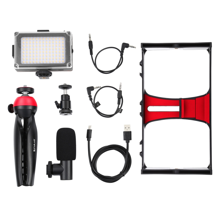 PULUZ 4 in 1 Vlogging Live Broadcast LED Selfie Light Smartphone Video Rig Kits with Microphone + Tripod Mount + Cold Shoe Tripod Head for iPhone, Galaxy, Huawei, Xiaomi, HTC, LG, Google, and Other Smartphones(Red) - 8