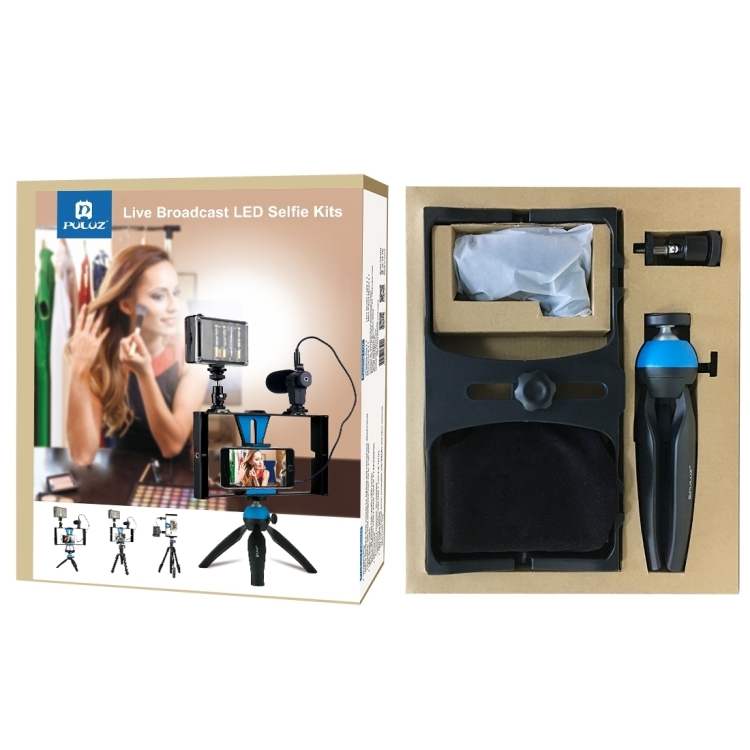 [US Warehouse] PULUZ 4 in 1 Vlogging Live Broadcast LED Selfie Light Smartphone Video Rig Kits with Microphone + Tripod Mount + Cold Shoe Tripod Head for iPhone, Galaxy, Huawei, Xiaomi, HTC, LG, Google, and Other Smartphones(Blue) - 6