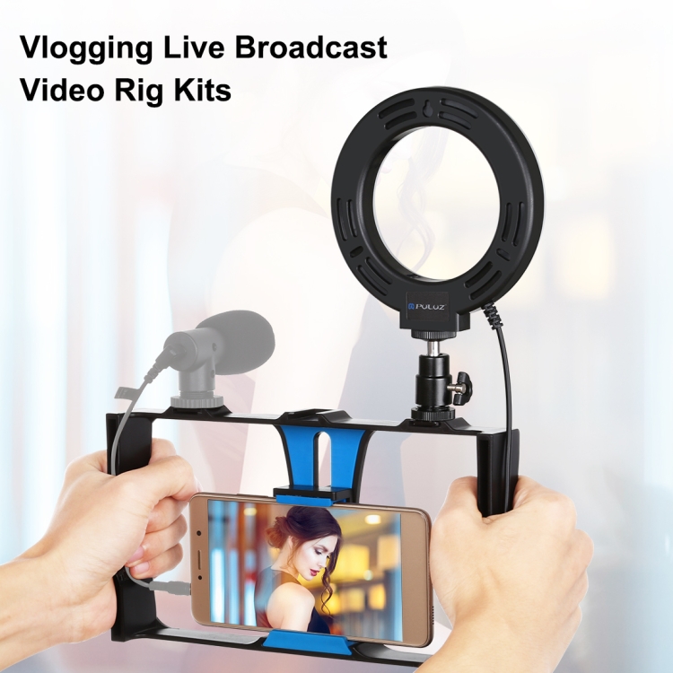 PULUZ 2 in 1 Vlogging Live Broadcast Smartphone Video Rig + 4.7 inch 12cm Ring LED Selfie Light Kits with Cold Shoe Tripod Head for iPhone, Galaxy, Huawei, Xiaomi, HTC, LG, Google, and Other Smartphones(Blue) - 5
