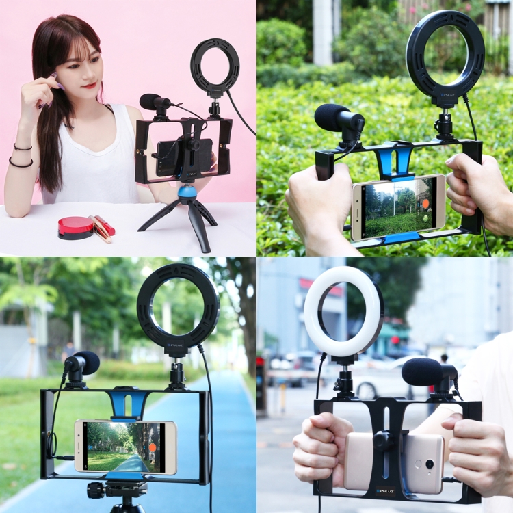 PULUZ 3 in 1 Vlogging Live Broadcast Smartphone Video Rig + Microphone +  4.7 inch 12cm Ring LED Selfie Light Kits with Cold Shoe Tripod Head for iPhone, Galaxy, Huawei, Xiaomi, HTC, LG, Google, and Other Smartphones(Blue) - 11