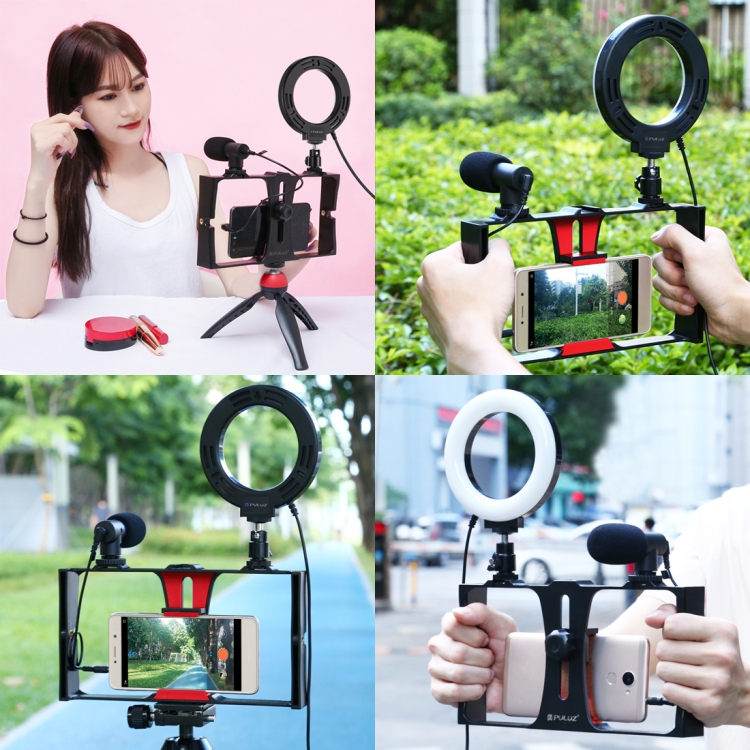 PULUZ 3 in 1 Vlogging Live Broadcast Smartphone Video Rig + Microphone +  4.7 inch 12cm Ring LED Selfie Light Kits with Cold Shoe Tripod Head for iPhone, Galaxy, Huawei, Xiaomi, HTC, LG, Google, and Other Smartphones(Red) - 11