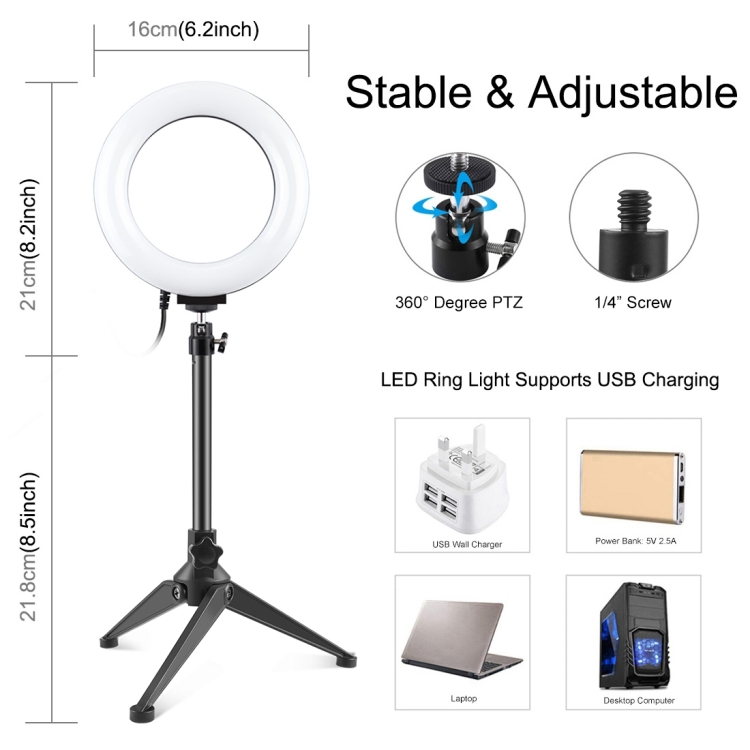 PULUZ 6.2 inch 16cm USB 3 Modes Dimmable LED Ring Vlogging Photography Video Lights + Desktop Tripod Holder with Cold Shoe Tripod Ball Head - 2