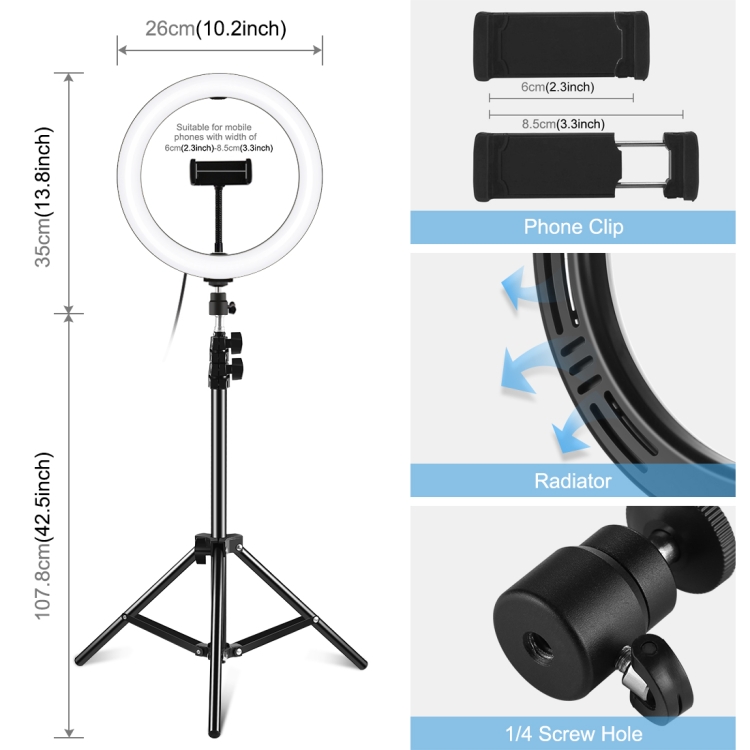 PULUZ 10.2 inch 26cm LED Ring Light  + 1.1m Tripod Mount Vlogging Video Light  Live Broadcast Kits - 1