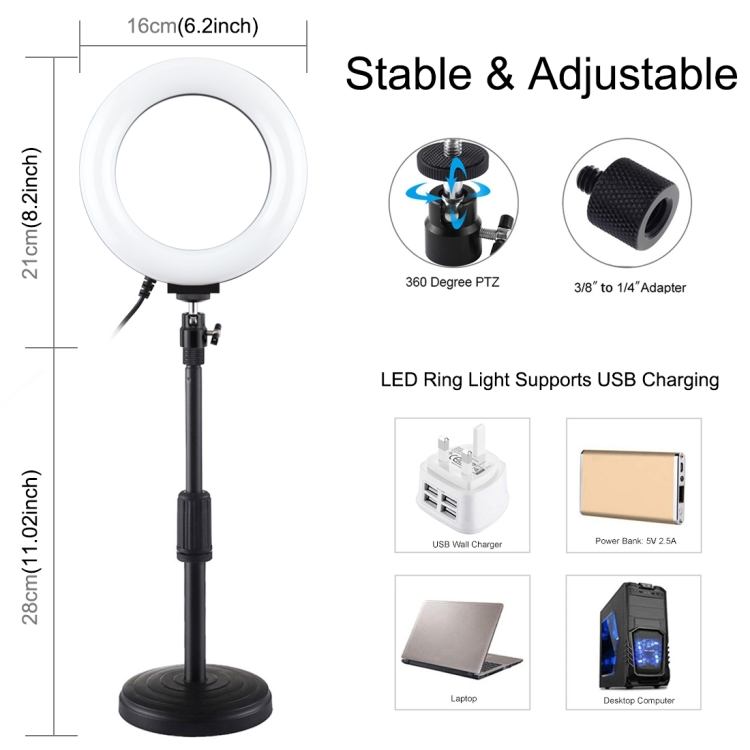 PULUZ 6.2 inch 16cm USB 10 Modes 8 Colors RGBW Dimmable LED Ring Vlogging Photography Video Lights + Round Base Desktop Mount with Cold Shoe Tripod Ball Head(Black) - 2