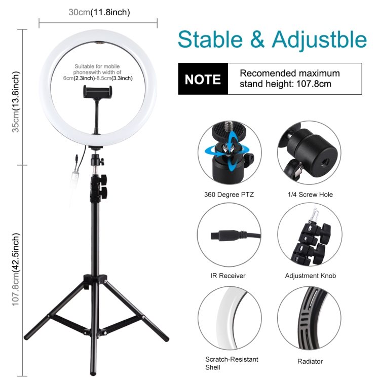 PULUZ 11.8 inch 30cm RGB Light 1.1m Tripod Mount Dimmable LED Ring Vlogging Selfie Photography Video Lights Live Broadcast Kits with Cold Shoe Tripod Ball Head & Phone Clamp(AU Plug) - 2