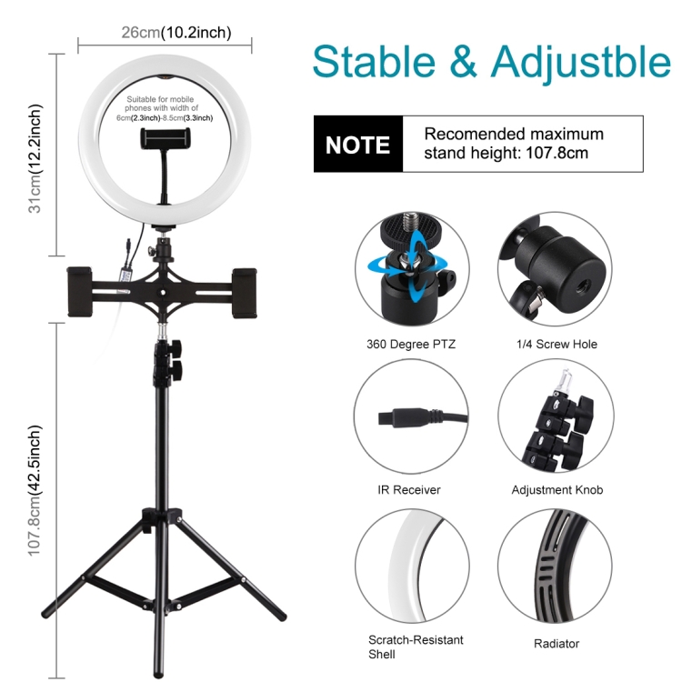 PULUZ 10.2 inch 26cm Curved Surface RGBW LED Ring Light + 1.1m Tripod Mount + Dual Phone Brackets Horizontal Holder + Vlogging Video Light  Live Broadcast Kits with Remote Control & Phone Clamp(Black) - 2
