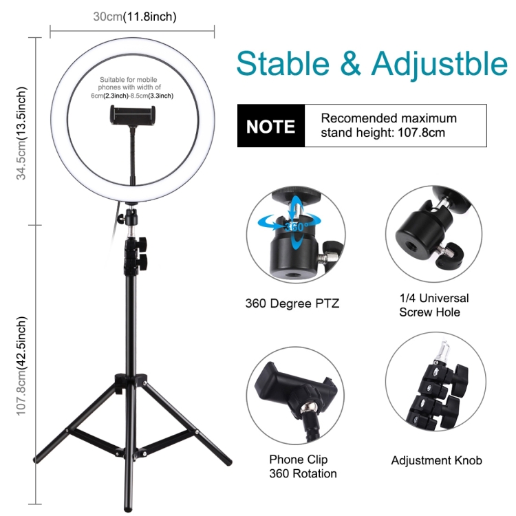 PULUZ 11.8 inch 30cm Light + 1.1m Tripod Mount 3 Modes Dimmable LED Ring Vlogging Video Light Live Broadcast Kits with Cold Shoe Tripod Ball Head & Phone Clamp(Black) - 2