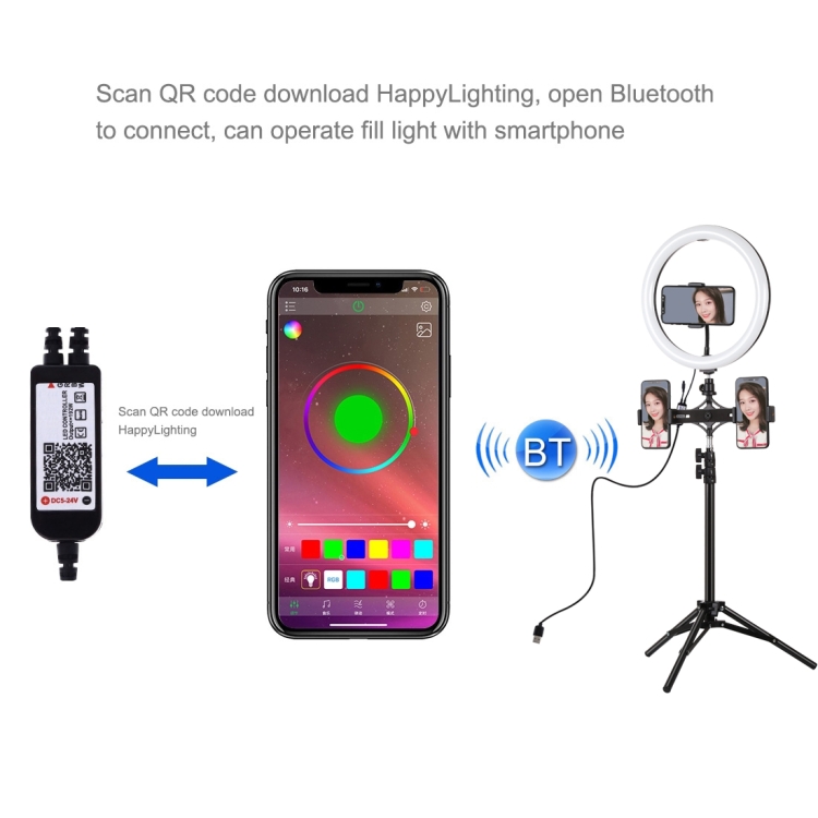 PULUZ 11.8 inch 30cm RGBW Light + 1.1m Tripod Mount + Dual Phone Brackets+ Curved Surface RGB Dimmable LED Dual Color Temperature LED Ring Selfie Vlogging Video Light  Live Broadcast Kits with Cold Shoe Tripod Ball Head & Phone Clamp & Remote Control(Black) - 5