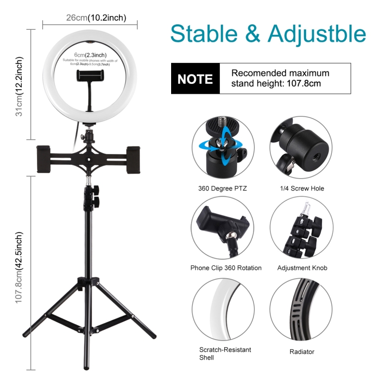 PULUZ 10.2 inch 26cm Light + 1.1m Tripod Mount + Dual Phone Brackets USB 3 Modes Dimmable Dual Color Temperature LED Curved Diffuse Light Ring Vlogging Selfie Photography Video Lights with Phone Clamp & Selfie Remote Control(Black) - 2