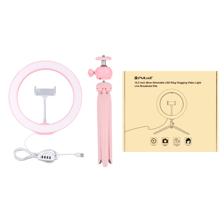 PULUZ 10.2 inch 26cm Selfie Beauty Light + Desktop Tripod Mount USB 3 Modes Dimmable LED Ring Vlogging Selfie Photography Video Lights with Cold Shoe Tripod Ball Head & Phone Clamp(Pink) - 10