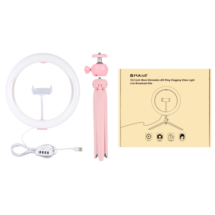 PULUZ 10.2 inch 26cm Light + Desktop Tripod Mount USB 3 Modes Dimmable Dual Color Temperature LED Curved Diffuse Light Ring Vlogging Selfie Photography Video Lights with Phone Clamp(Pink) - 12