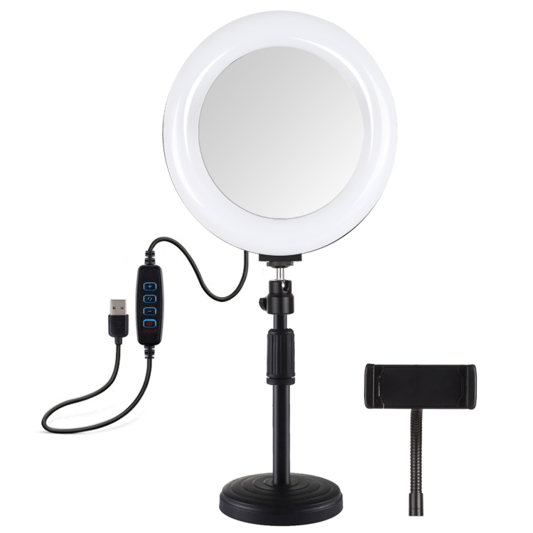 PULUZ 7.9 inch 20cm Mirror Light + Round Base Desktop Mount 3 Modes Dimmable Dual Color Temperature LED Curved Light Ring Vlogging Selfie Photography Video Lights with Phone Clamp(Black) - 1