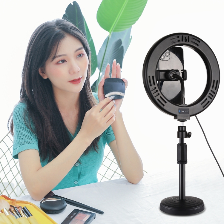 PULUZ 7.9 inch 20cm Mirror Light + Round Base Desktop Mount 3 Modes Dimmable Dual Color Temperature LED Curved Light Ring Vlogging Selfie Photography Video Lights with Phone Clamp(Black) - 11