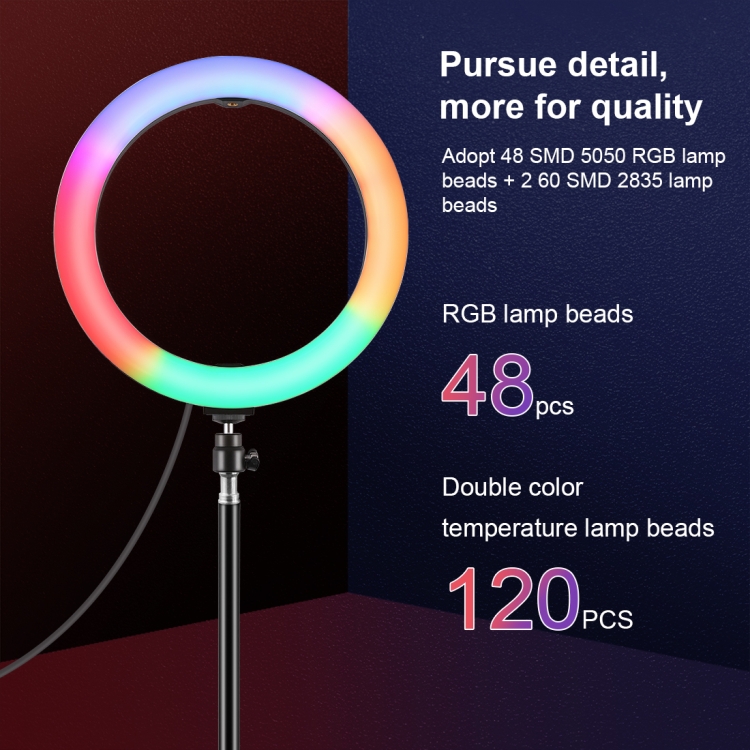 PULUZ 10.2 inch 26cm Marquee LED RGBWW Selfie Beauty Light  + 1.1m Tripod Mount 168 LED Dual-color Temperature Dimmable Ring Vlogging Photography Video Lights with Cold Shoe Tripod Ball Head & Remote Control & Phone Clamp(Black) - 6