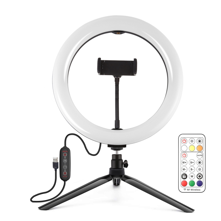 PULUZ 10.2 inch 26cm Marquee LED RGBWW Selfie Beauty Light + Desktop Tripod Mount 168 LED Dual-color Temperature Dimmable Ring Vlogging Photography Video Lights with Cold Shoe Tripod Ball Head & Remote Control & Phone Clamp(Black) - 1