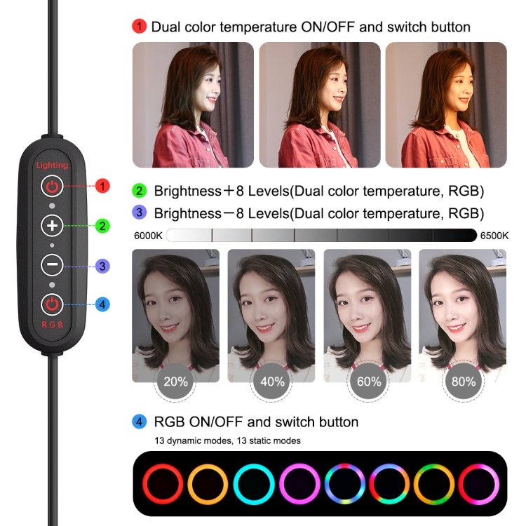 PULUZ 10.2 inch 26cm Marquee LED RGBWW Selfie Beauty Light + Desktop Tripod Mount 168 LED Dual-color Temperature Dimmable Ring Vlogging Photography Video Lights with Cold Shoe Tripod Ball Head & Remote Control & Phone Clamp(Black) - 5