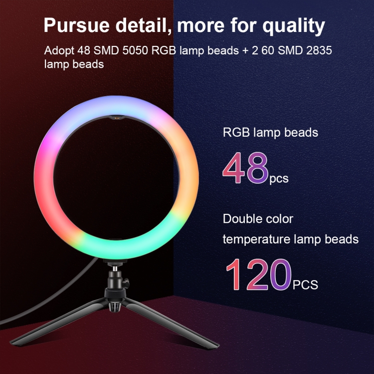PULUZ 10.2 inch 26cm Marquee LED RGBWW Selfie Beauty Light + Desktop Tripod Mount 168 LED Dual-color Temperature Dimmable Ring Vlogging Photography Video Lights with Cold Shoe Tripod Ball Head & Remote Control & Phone Clamp(Black) - 7
