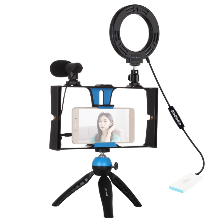 PULUZ 4 in 1 Vlogging Live Broadcast Smartphone Video Rig + 4.7 inch 12cm RGBW Ring LED Selfie Light + Microphone + Pocket Tripod Mount Kits with Cold Shoe Tripod Head(Blue) - 1
