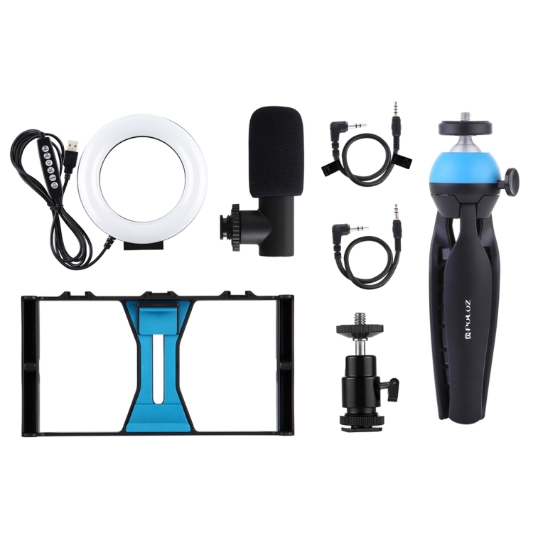 PULUZ 4 in 1 Vlogging Live Broadcast Smartphone Video Rig + 4.7 inch 12cm RGBW Ring LED Selfie Light + Microphone + Pocket Tripod Mount Kits with Cold Shoe Tripod Head(Blue) - 10