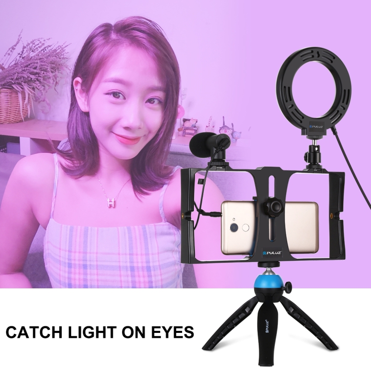 PULUZ 4 in 1 Vlogging Live Broadcast Smartphone Video Rig + 4.7 inch 12cm RGBW Ring LED Selfie Light + Microphone + Pocket Tripod Mount Kits with Cold Shoe Tripod Head(Blue) - 11