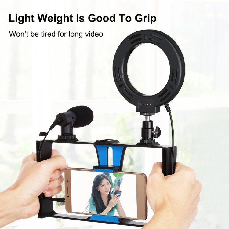 PULUZ 4 in 1 Vlogging Live Broadcast Smartphone Video Rig + 4.7 inch 12cm RGBW Ring LED Selfie Light + Microphone + Pocket Tripod Mount Kits with Cold Shoe Tripod Head(Blue) - 4