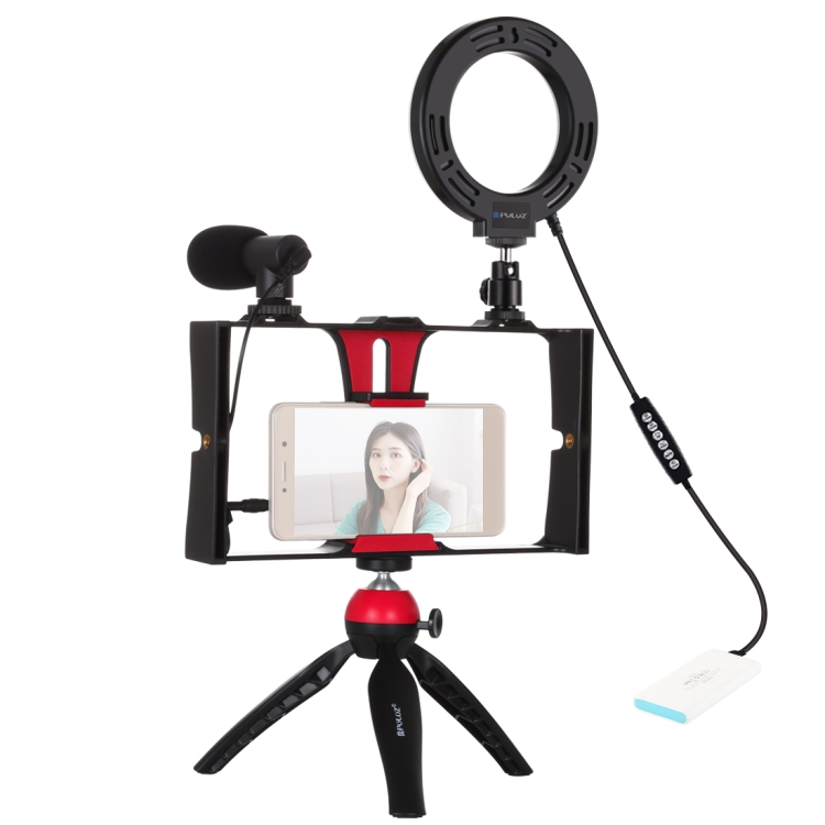 PULUZ 4 in 1 Vlogging Live Broadcast Smartphone Video Rig + 4.7 inch 12cm RGBW Ring LED Selfie Light + Microphone + Pocket Tripod Mount Kits with Cold Shoe Tripod Head(Red) - 1