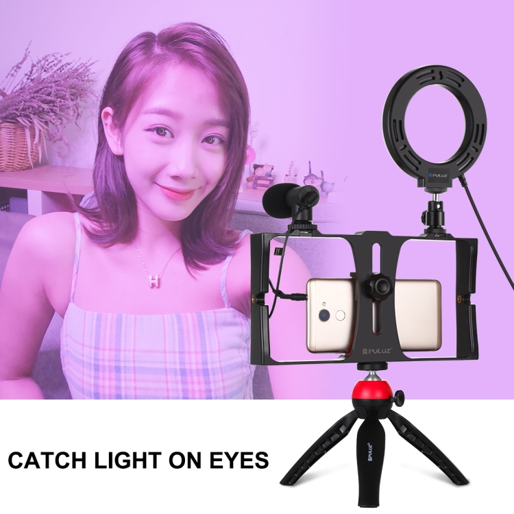 PULUZ 4 in 1 Vlogging Live Broadcast Smartphone Video Rig + 4.7 inch 12cm RGBW Ring LED Selfie Light + Microphone + Pocket Tripod Mount Kits with Cold Shoe Tripod Head(Red) - 11
