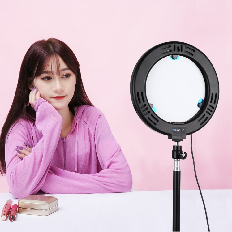 PULUZ 7.9 inch 20cm Mirror Light+ 1.1m Tripod Mount USB 3 Modes Dimmable Dual Color Temperature LED Curved Light Ring Vlogging Selfie Photography Video Lights with Mirror & Phone Clamp(Black) - 8