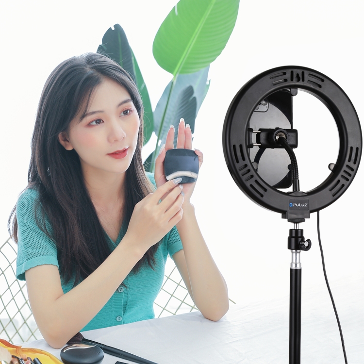 PULUZ 7.9 inch 20cm Mirror Light+ 1.1m Tripod Mount USB 3 Modes Dimmable Dual Color Temperature LED Curved Light Ring Vlogging Selfie Photography Video Lights with Mirror & Phone Clamp(Black) - 9