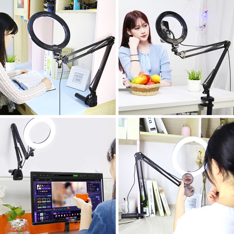 PULUZ 7.9 inch 20cm Ring Curved Light + Desktop Arm Stand USB 3 Modes Dimmable Dual Color Temperature LED Vlogging Selfie Photography Video Lights with Phone Clamp(Black) - 10