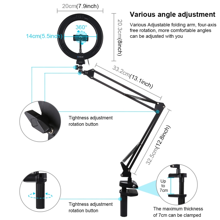 PULUZ 7.9 inch 20cm Ring Curved Light + Desktop Arm Stand USB 3 Modes Dimmable Dual Color Temperature LED Vlogging Selfie Photography Video Lights with Phone Clamp(Black) - 2