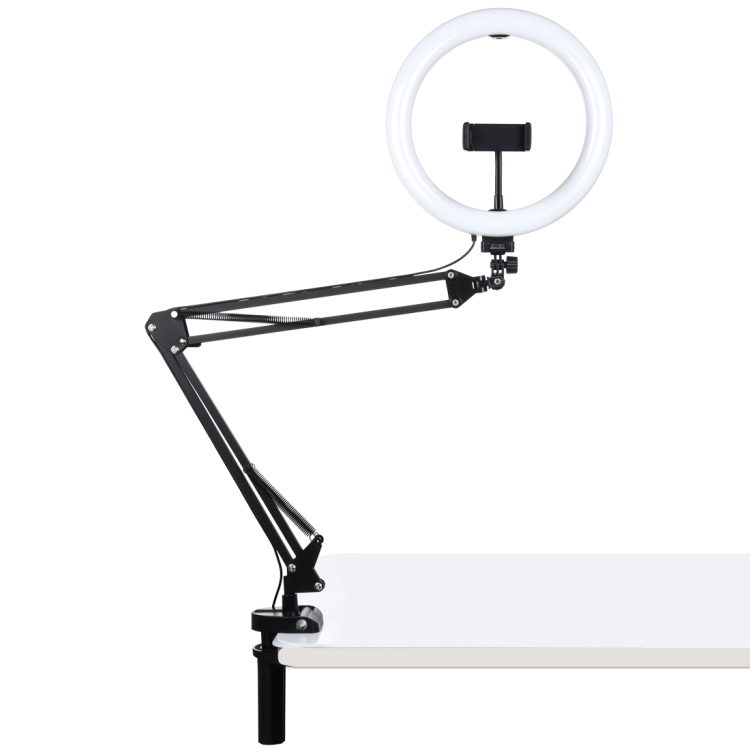 PULUZ 10.2 inch 26cm Ring Curved Light + Desktop Arm Stand USB 3 Modes Dimmable Dual Color Temperature LED Vlogging Selfie Photography Video Lights with Phone Clamp(Black) - 1