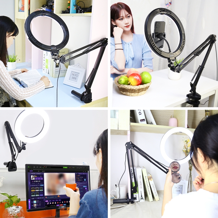 PULUZ 10.2 inch 26cm Ring Curved Light + Desktop Arm Stand USB 3 Modes Dimmable Dual Color Temperature LED Vlogging Selfie Photography Video Lights with Phone Clamp(Black) - 10