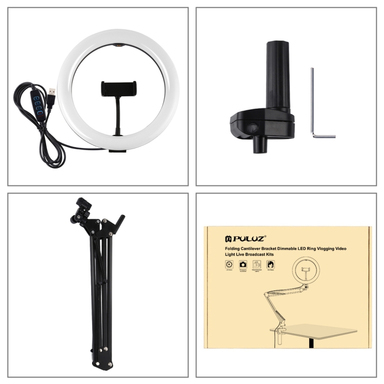 PULUZ 10.2 inch 26cm Ring Curved Light + Desktop Arm Stand USB 3 Modes Dimmable Dual Color Temperature LED Vlogging Selfie Photography Video Lights with Phone Clamp(Black) - 12