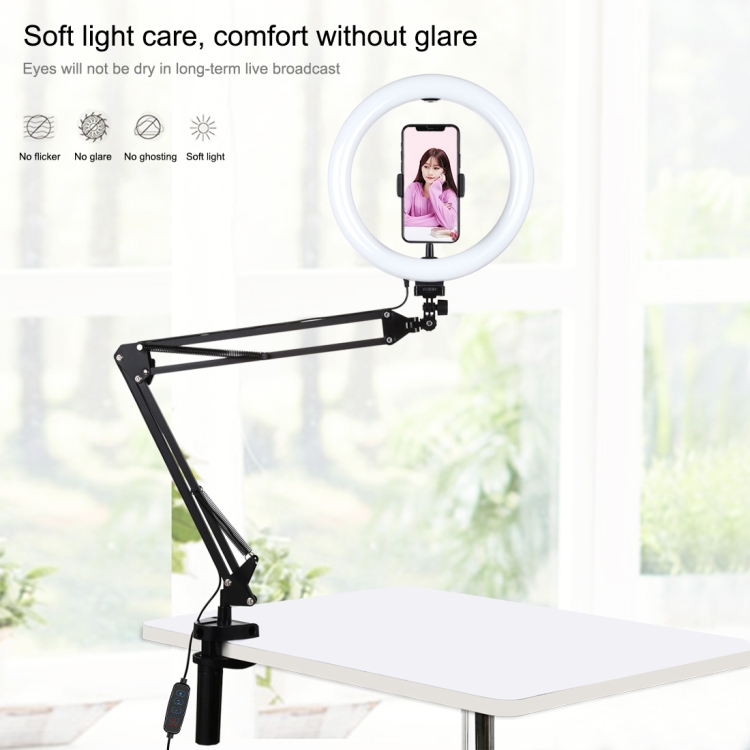 PULUZ 10.2 inch 26cm Ring Curved Light + Desktop Arm Stand USB 3 Modes Dimmable Dual Color Temperature LED Vlogging Selfie Photography Video Lights with Phone Clamp(Black) - 6