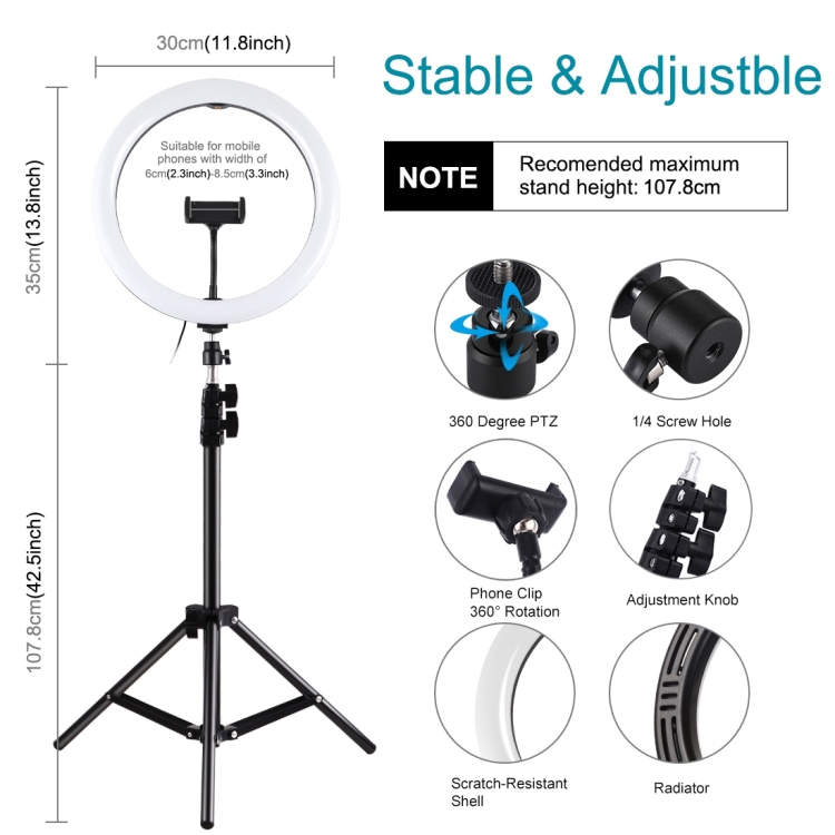 PULUZ 11.8 inch 30cm Light + 1.1m Tripod Mount Curved Surface RGBW Dimmable LED Ring Vlogging Photography Video Lights Live Broadcast Kits with Tripod Ball Head & Phone Clamp(Black) - 2