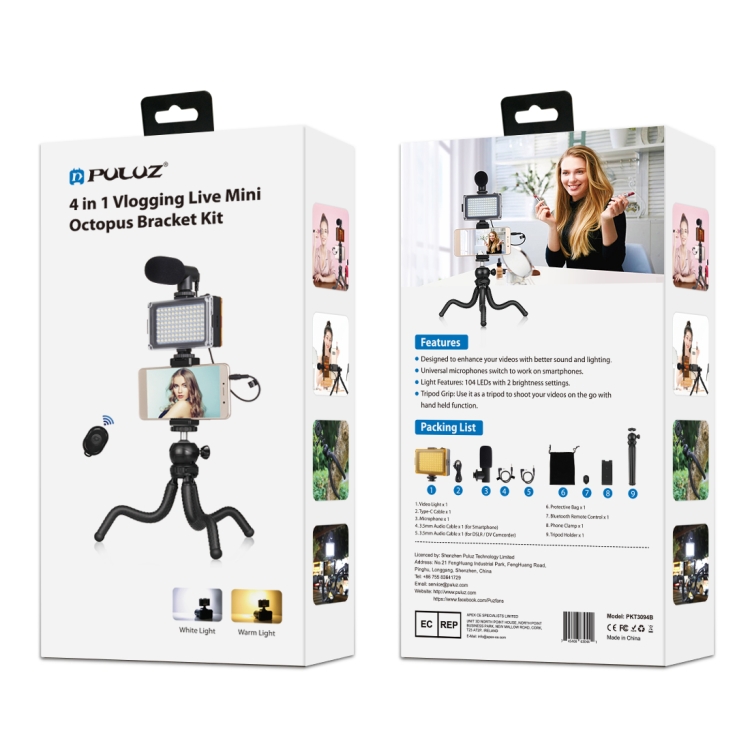 PULUZ  4 in 1 Vlogging Live Mini Octopus Bracket Kit + Studio Light + Microphone + Phone Clamp Kits(Black) - 10