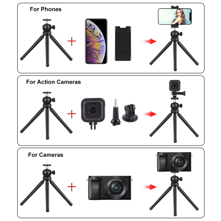 PULUZ  4 in 1 Vlogging Live Mini Octopus Bracket Kit + Studio Light + Microphone + Phone Clamp Kits(Black) - 4