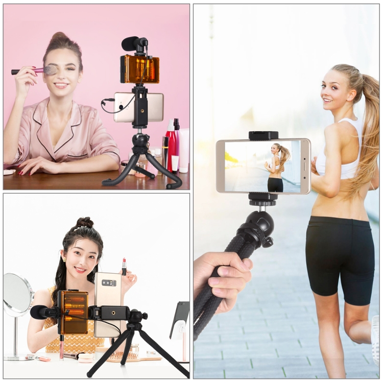 PULUZ  4 in 1 Vlogging Live Mini Octopus Bracket Kit + Studio Light + Microphone + Phone Clamp Kits(Black) - 7