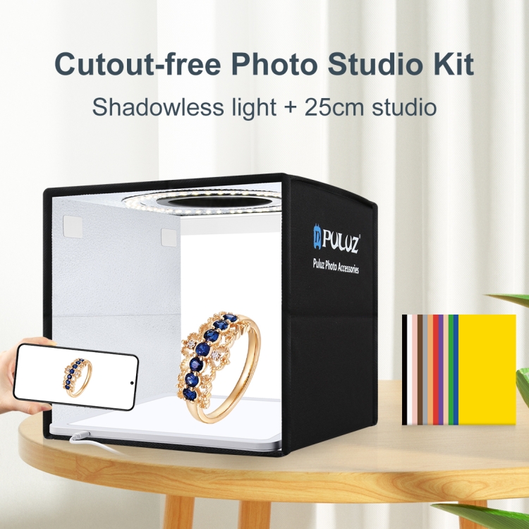 PULUZ 25cm Folding Portable High CRI Ring LED Photo Lighting Studio Tent Box + Shadowless Light Lamp Panel Pad with 12 Colors Backdrops, Size: 25cm x 25cm x 25cm(Black) - 1