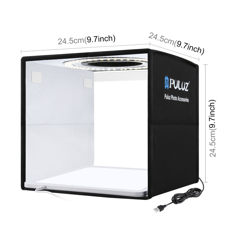 PULUZ 25cm Folding Portable High CRI Ring LED Photo Lighting Studio Tent Box + Shadowless Light Lamp Panel Pad with 12 Colors Backdrops, Size: 25cm x 25cm x 25cm(Black) - 2
